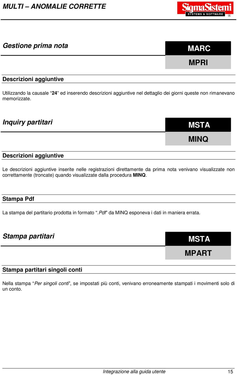 Inquiry partitari MSTA MINQ Descrizioni aggiuntive Le descrizioni aggiuntive inserite nelle registrazioni direttamente da prima nota venivano visualizzate non correttamente (troncate) quando