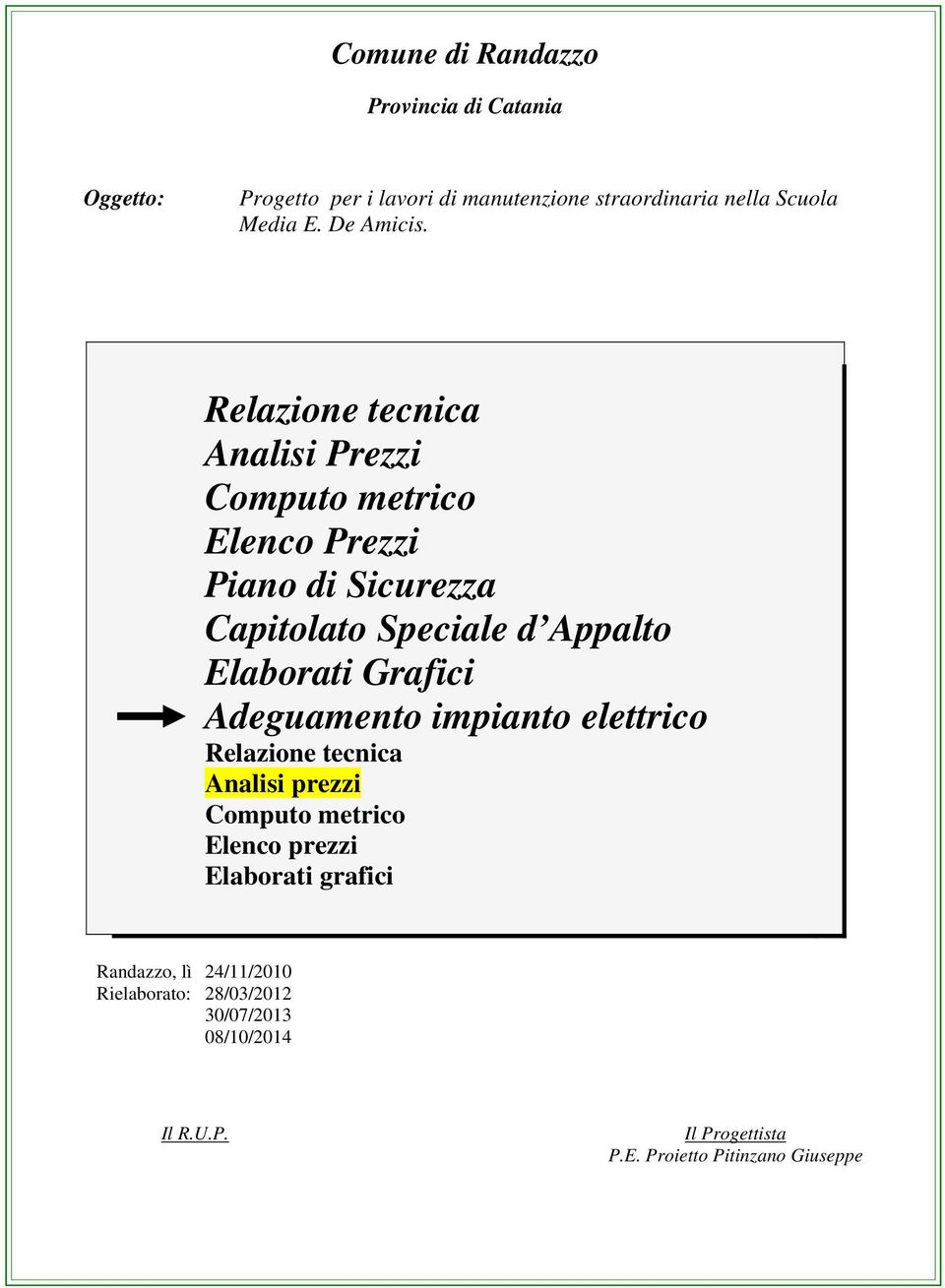 Relazione tecnica Analisi Prezzi Computo metrico Elenco Prezzi Piano di Sicurezza Capitolato Speciale d Appalto Elaborati