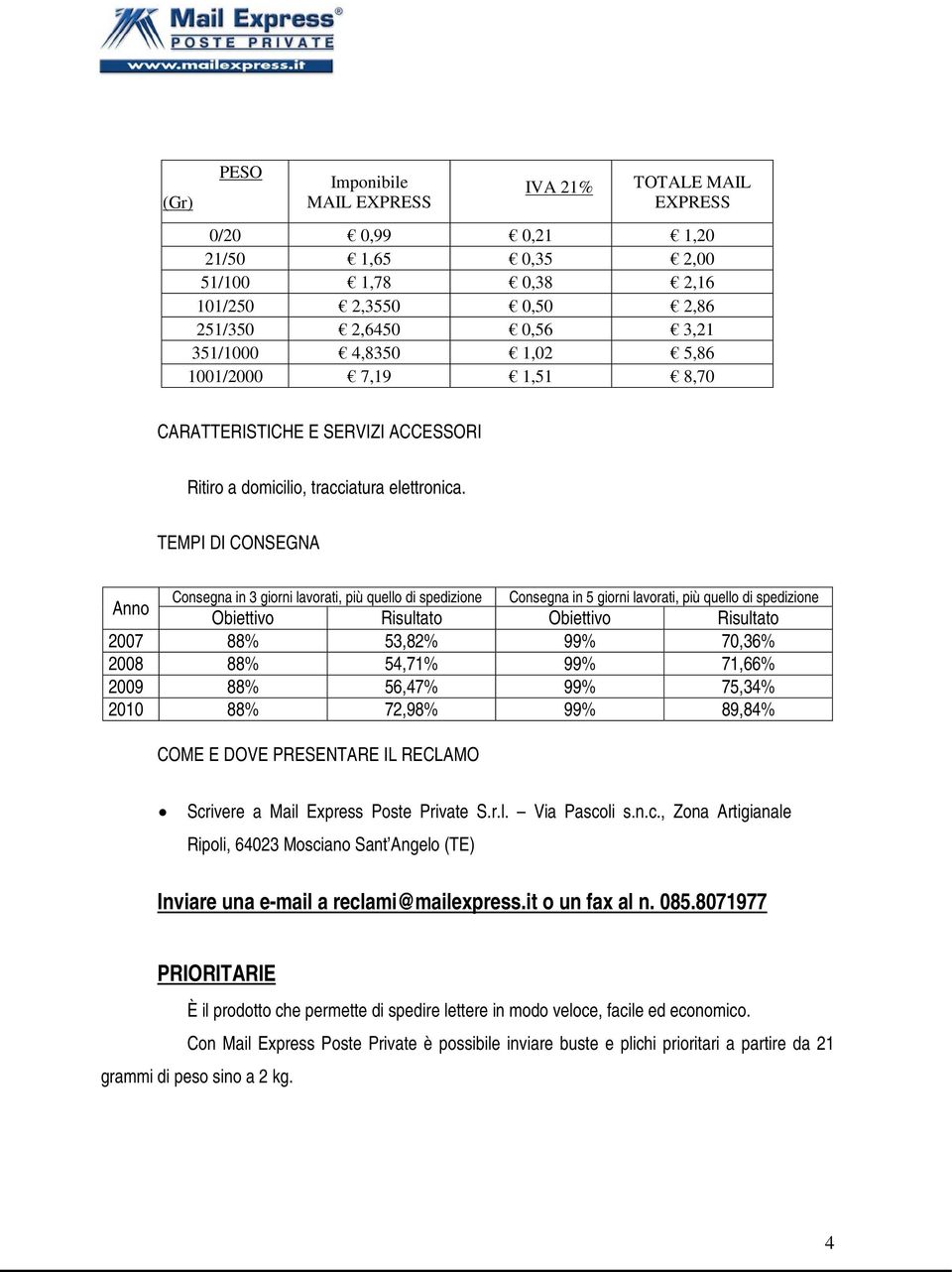 TEMPI DI CONSEGNA Consegna in 3 giorni lavorati, più quello di spedizione Consegna in 5 giorni lavorati, più quello di spedizione Anno Obiettivo Risultato Obiettivo Risultato 2007 88% 53,82% 99%