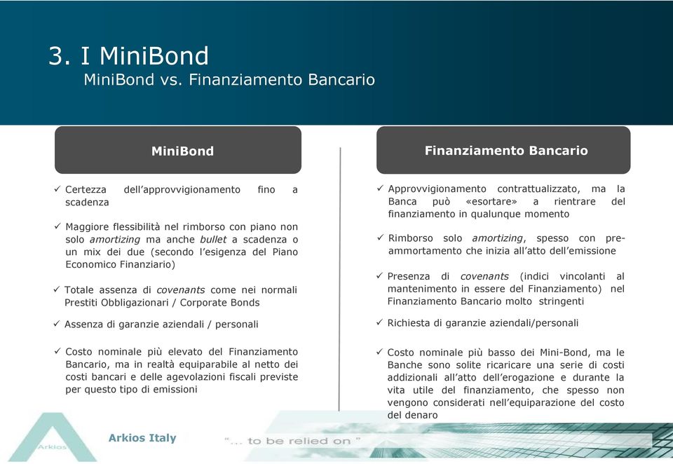 un mix dei due (secondo l esigenza del Piano Economico Finanziario) Totale assenza di covenants come nei normali Prestiti Obbligazionari / Corporate Bonds Assenza di garanzie aziendali / personali