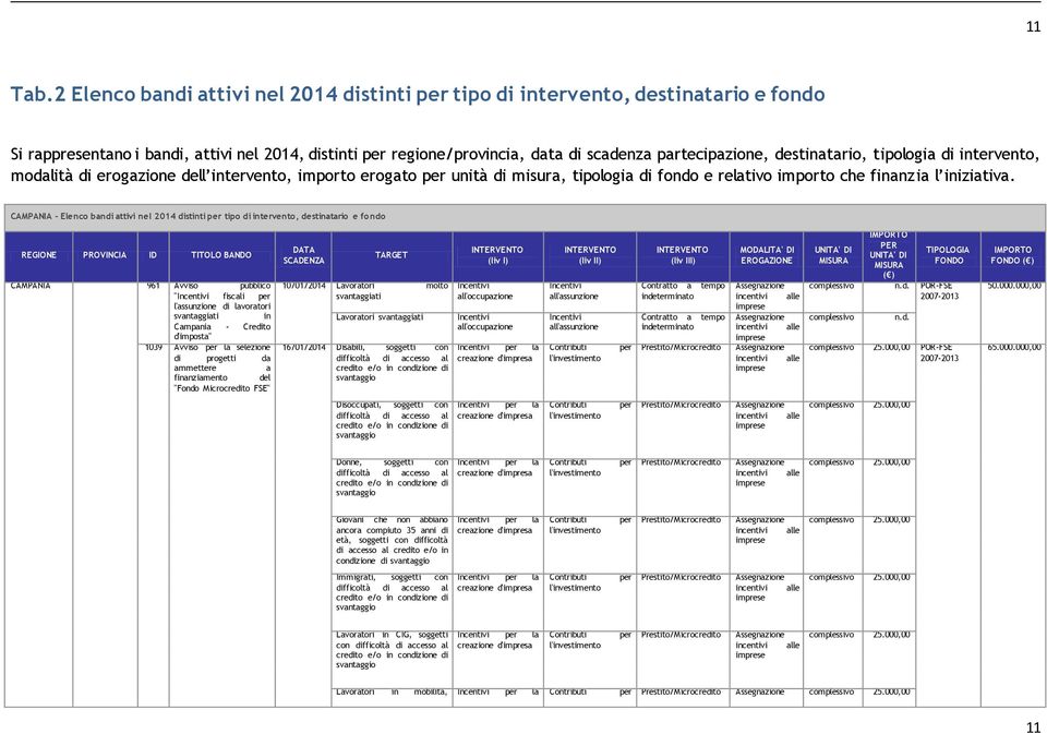 tipologia di intervento, modalità di erogazione dell intervento, importo erogato unità di misura, tipologia di fondo e relativo importo che finanzia l iniziativa.