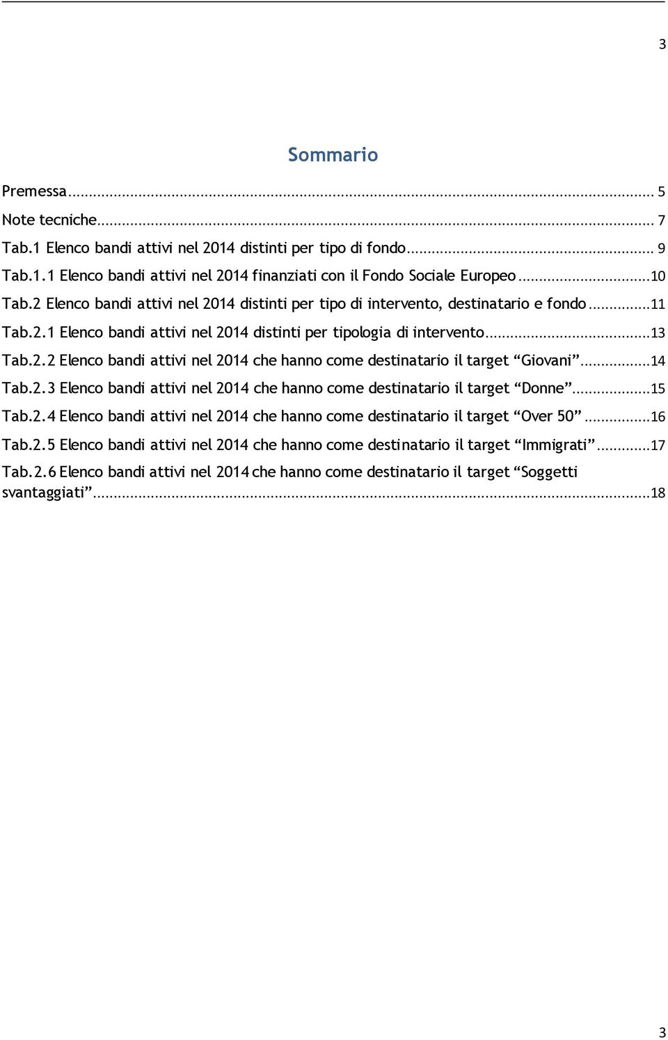 ..14 Tab.2.3 Elenco bandi attivi nel 2014 che hanno come destinatario il target Donne...15 Tab.2.4 Elenco bandi attivi nel 2014 che hanno come destinatario il target Over 50...16 Tab.2.5 Elenco bandi attivi nel 2014 che hanno come destinatario il target Immigrati.