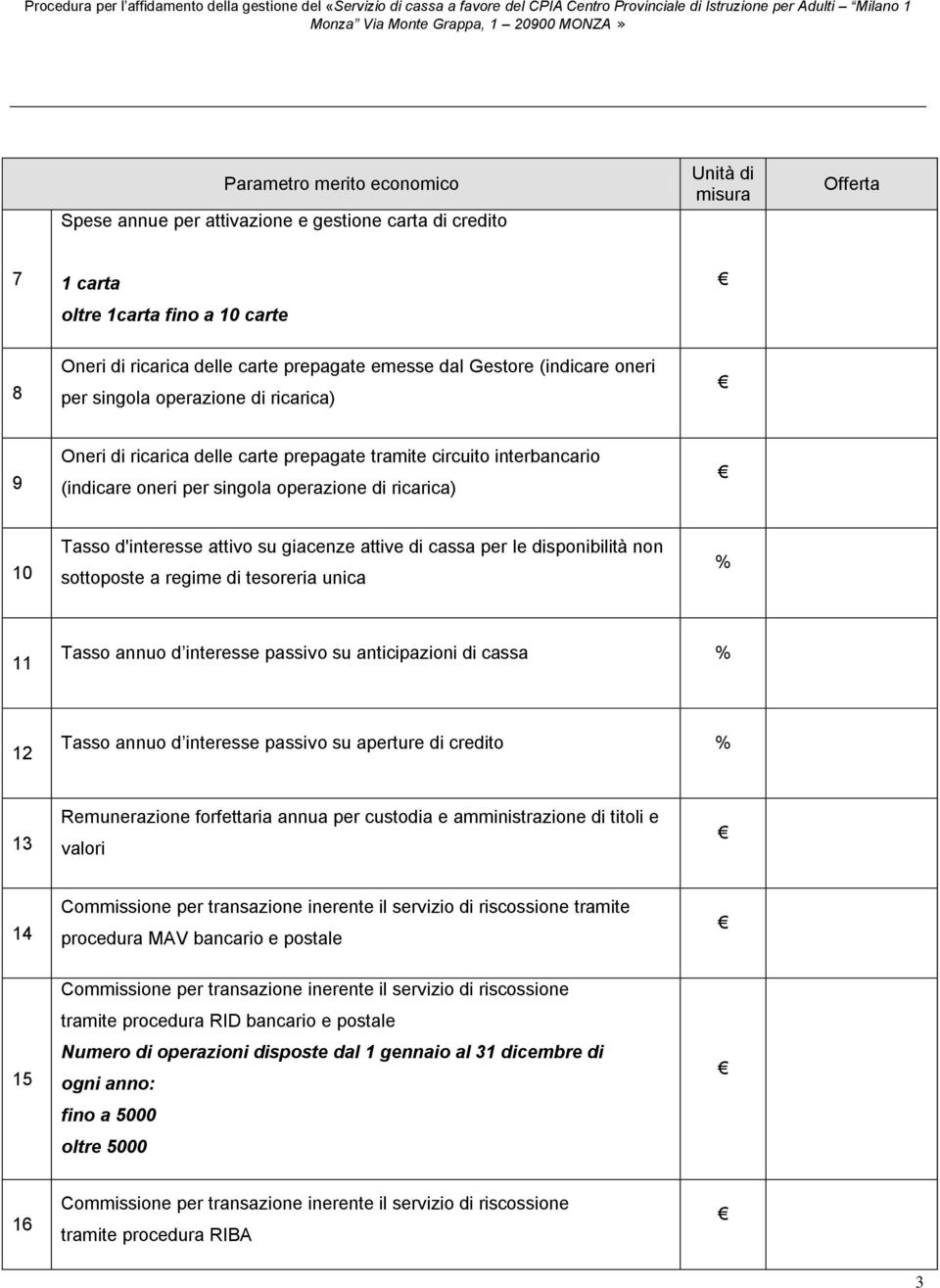 disponibilità non sottoposte a regime di tesoreria unica % 11 Tasso annuo d interesse passivo su anticipazioni di cassa % 12 Tasso annuo d interesse passivo su aperture di credito % 13 Remunerazione