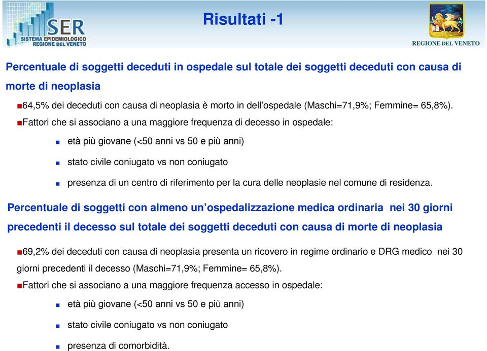 Fattori che si associano a una maggiore frequenza di decesso in ospedale: età più giovane (<50 anni vs 50 e più anni) stato civile coniugato vs non coniugato presenza di un centro di riferimento per