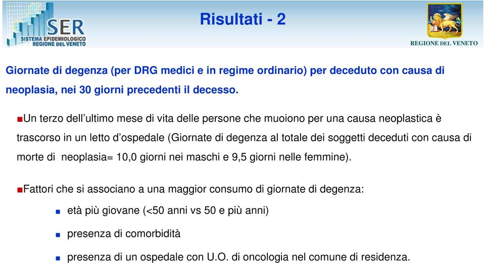 dei soggetti deceduti con causa di morte di neoplasia=,0 giorni nei maschi e 9,5 giorni nelle femmine).