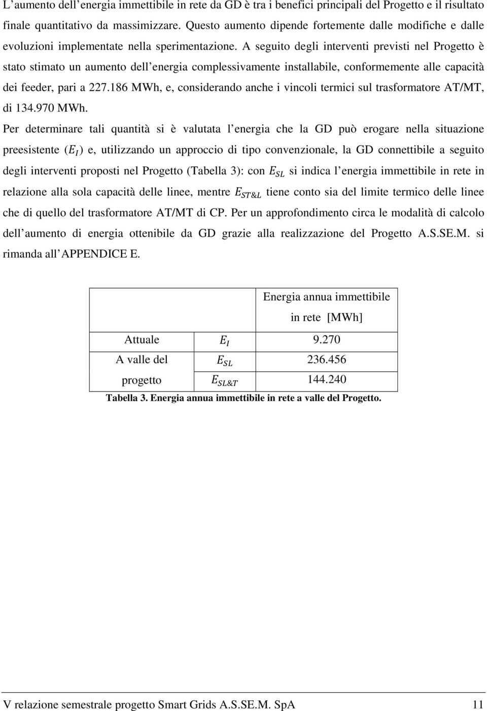 A seguito degli interventi previsti nel Progetto è stato stimato un aumento dell energia complessivamente installabile, conformemente alle capacità dei feeder, pari a 227.