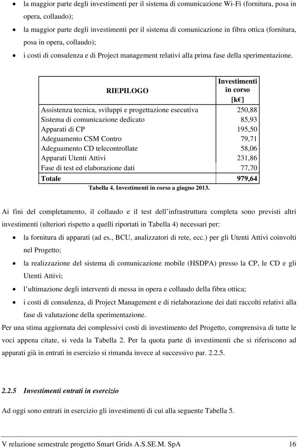 Investimenti RIEPILOGO in corso [k ] Assistenza tecnica, sviluppi e progettazione esecutiva 250,88 Sistema di comunicazione dedicato 85,93 Apparati di CP 195,50 Adeguamento CSM Contro 79,71