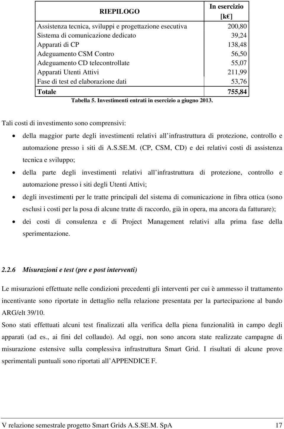 Tali costi di investimento sono comprensivi: della maggior parte degli investimenti relativi all infrastruttura di protezione, controllo e automazione presso i siti di A.S.SE.M.