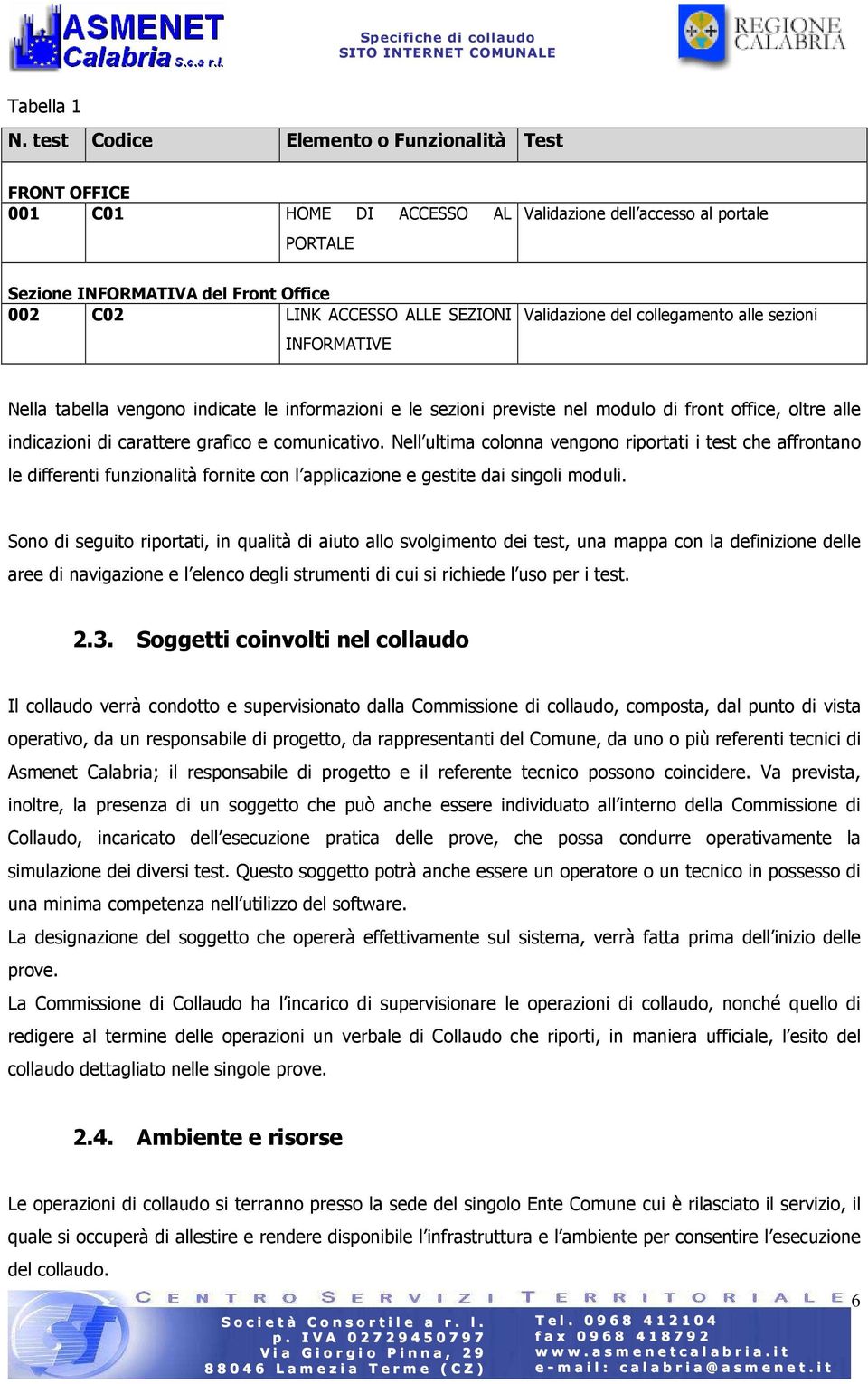 INFORMATIVE Validazione del collegamento alle sezioni Nella tabella vengono indicate le informazioni e le sezioni previste nel modulo di front office, oltre alle indicazioni di carattere grafico e