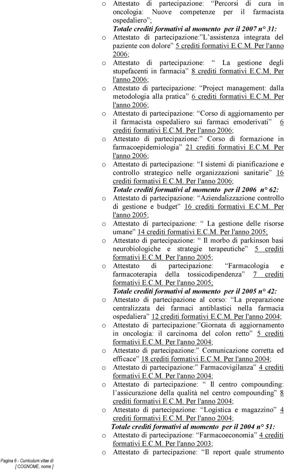 Per l'anno 2006; o Attestato di partecipazione: La gestione degli stupefacenti in farmacia 8 crediti formativi E.C.M.