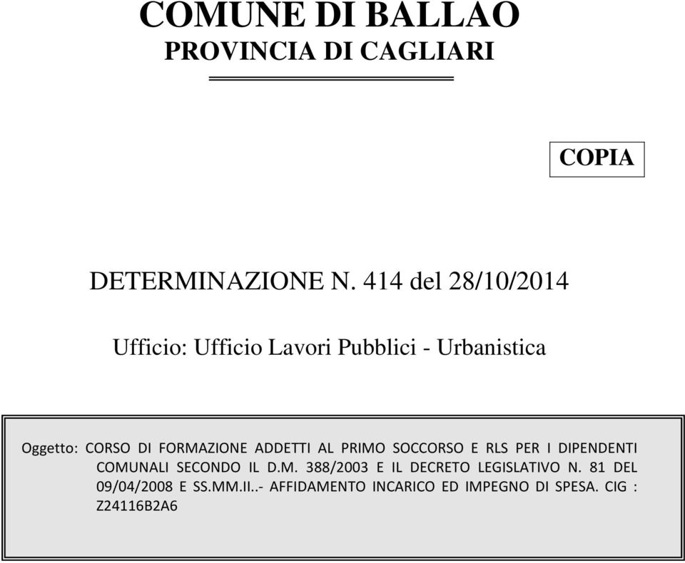 FORMAZIONE ADDETTI AL PRIMO SOCCORSO E RLS PER I DIPENDENTI COMUNALI SECONDO IL D.M. 388/2003 E IL DECRETO LEGISLATIVO N.