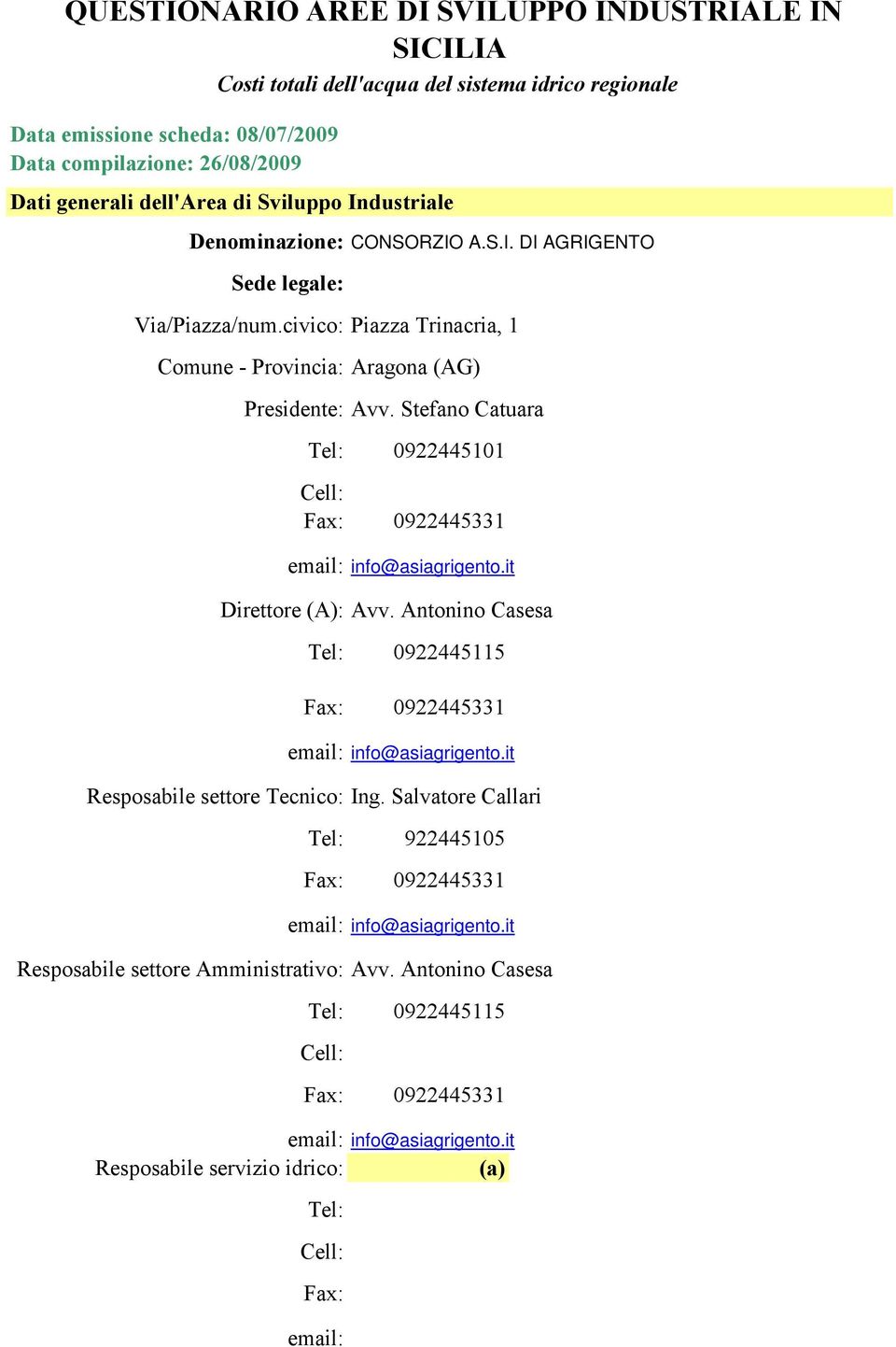 Antonino Casesa Tel: 0922445115 Fax: 0922445331 email: info@asiagrigento.it Resposabile settore Tecnico: Ing. Salvatore Callari Tel: Fax: email: 922445105 0922445331 info@asiagrigento.