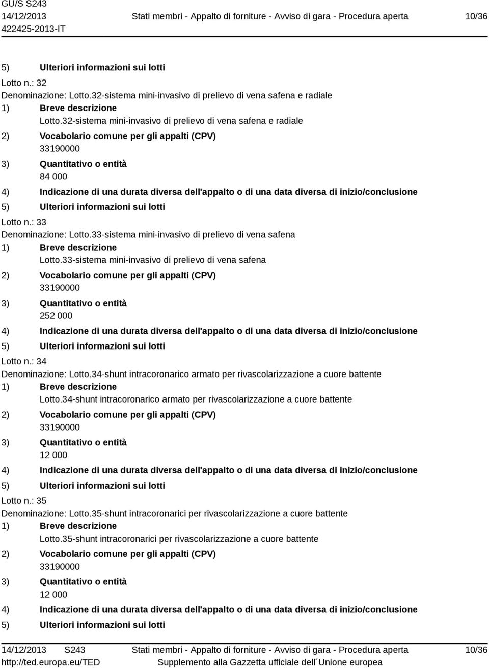 33-sistema mini-invasivo di prelievo di vena safena 252 000 Lotto n.: 34 Denominazione: Lotto.34-shunt intracoronarico armato per rivascolarizzazione a cuore battente Lotto.