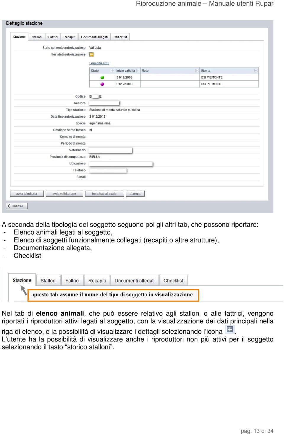 vengono riportati i riproduttori attivi legati al soggetto, con la visualizzazione dei dati principali nella riga di elenco, e la possibilità di visualizzare i