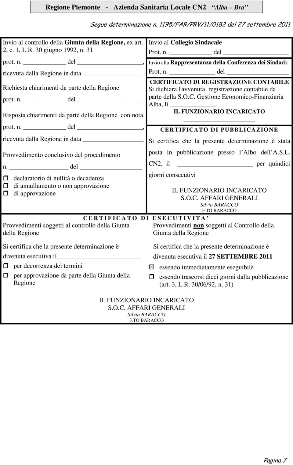 del declaratorio di nullità o decadenza di annullamento o non approvazione di approvazione Provvedimenti soggetti al controllo della Giunta della Regione Invio al Collegio Sindacale Prot. n. del Invio alla Rappresentanza della Conferenza dei Sindaci: Prot.