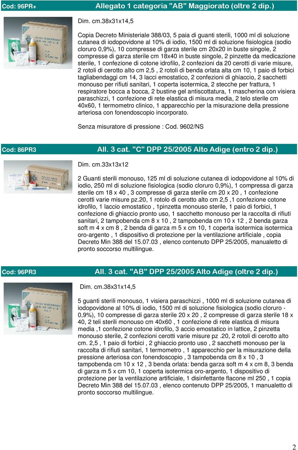 compresse di garza sterile cm 20x20 in buste singole, 2 compresse di garza sterile cm 18x40 in buste singole, 2 pinzette da medicazione sterile, 1 confezione di cotone idrofilo, 2 confezioni da 20