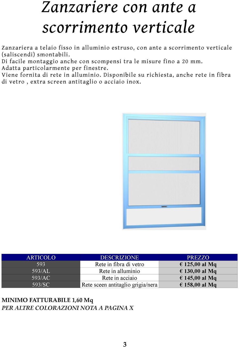 Disponibile su richiesta, anche rete in fibra di vetro, extra screen antitaglio o acciaio inox.