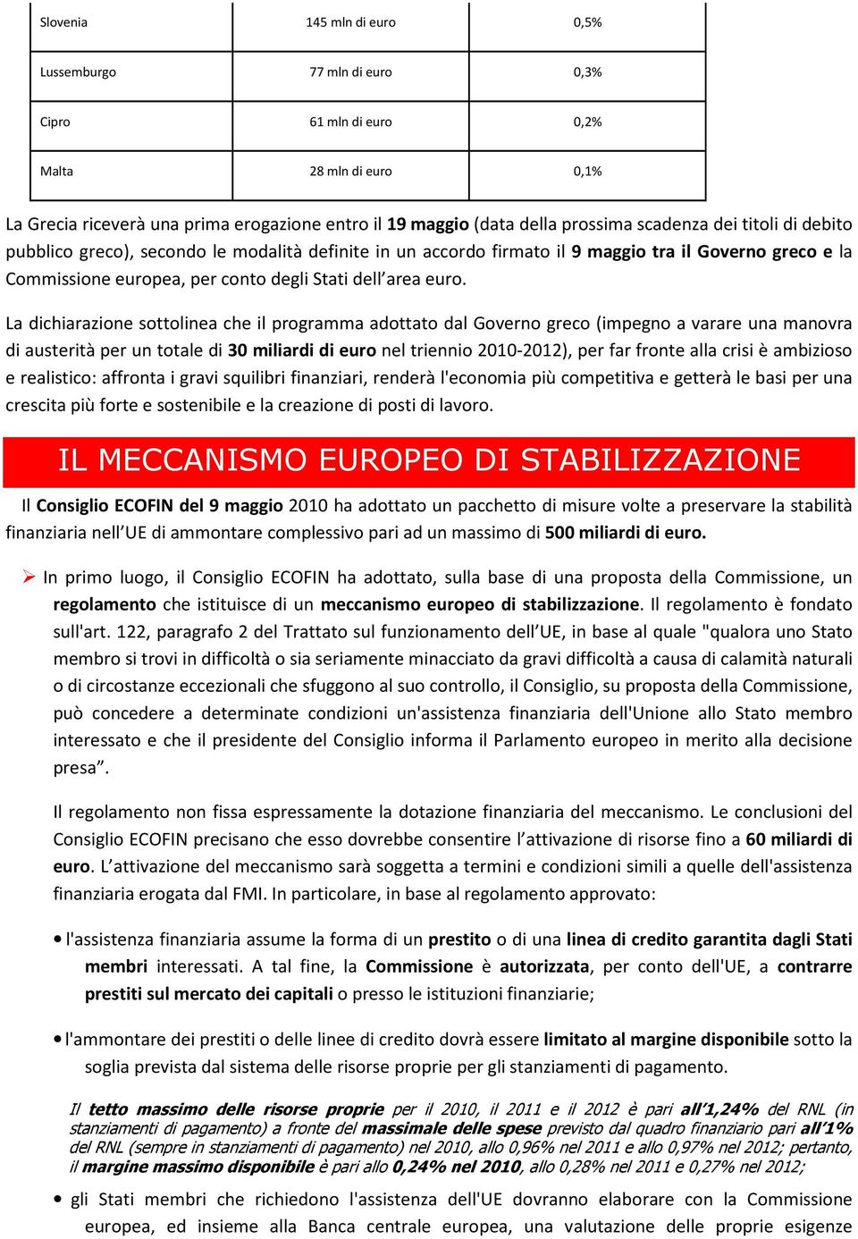 La dichiarazione sottolinea che il programma adottato dal Governo greco (impegno a varare una manovra di austerità per un totale di 30 miliardi di euro nel triennio 2010-2012), per far fronte alla