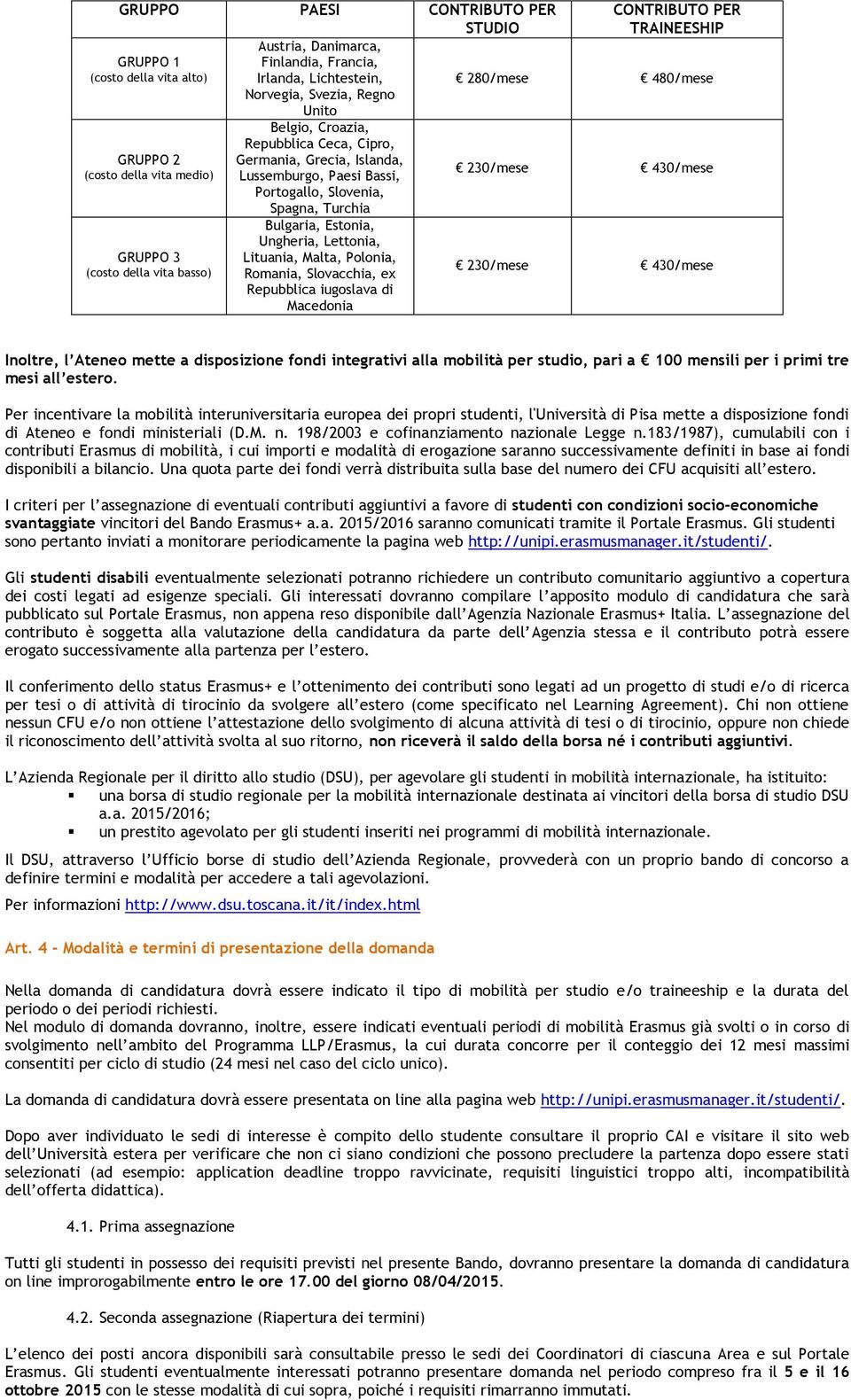 Lettonia, Lituania, Malta, Polonia, Romania, Slovacchia, ex Repubblica iugoslava di Macedonia CONTRIBUTO PER TRAINEESHIP 280/mese 480/mese 230/mese 430/mese 230/mese 430/mese Inoltre, l Ateneo mette