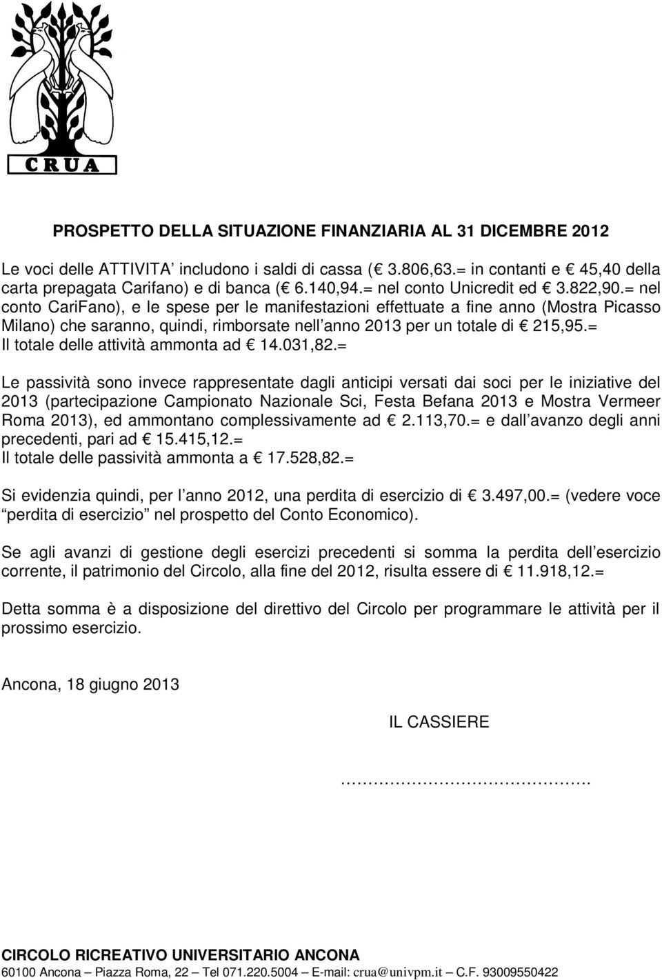 = nel conto CariFano), e le spese per le manifestazioni effettuate a fine anno (Mostra Picasso Milano) che saranno, quindi, rimborsate nell anno 2013 per un totale di 215,95.