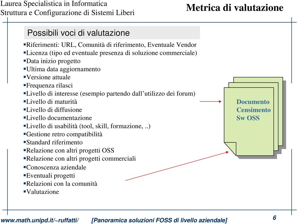 di maturità Livello di diffusione Livello documentazione Livello di usabilità (tool, skill, formazione,.