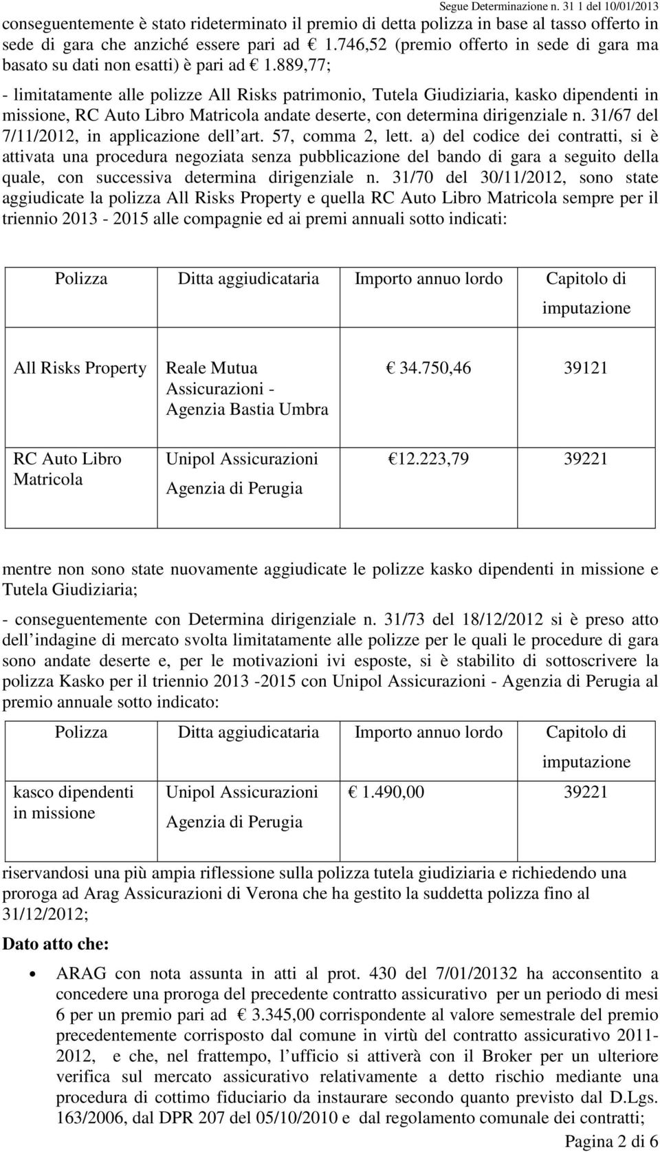 889,77; - limitatamente alle polizze All Risks patrimonio, Tutela Giudiziaria, kasko dipendenti in missione, RC Auto Libro Matricola andate deserte, con determina dirigenziale n.