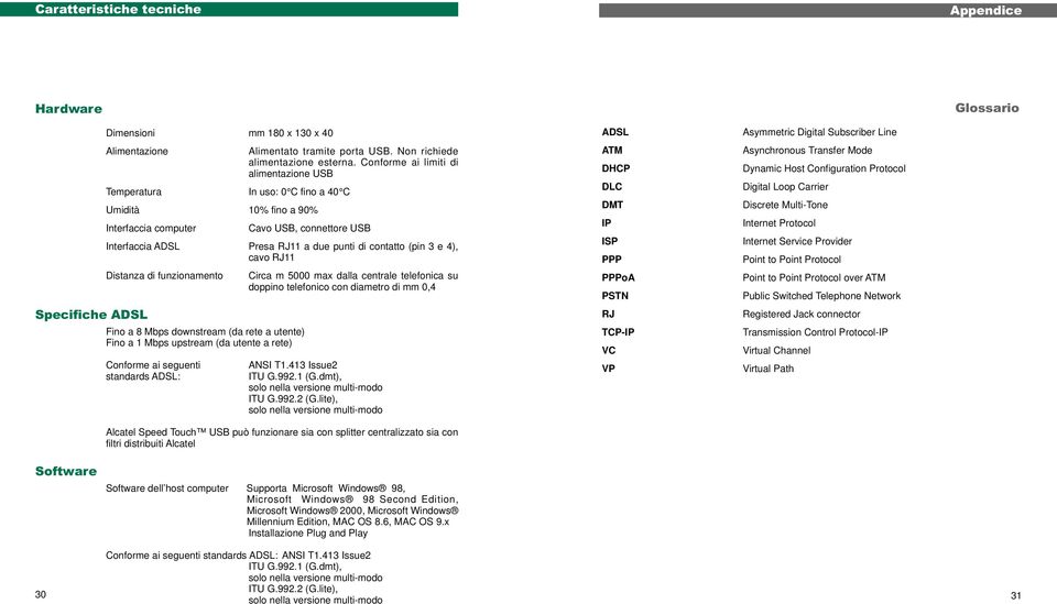 (pin 3 e 4), cavo RJ11 Distanza di funzionamento Circa m 5000 max dalla centrale telefonica su doppino telefonico con diametro di mm 0,4 Specifiche ADSL Fino a 8 Mbps downstream (da rete a utente)