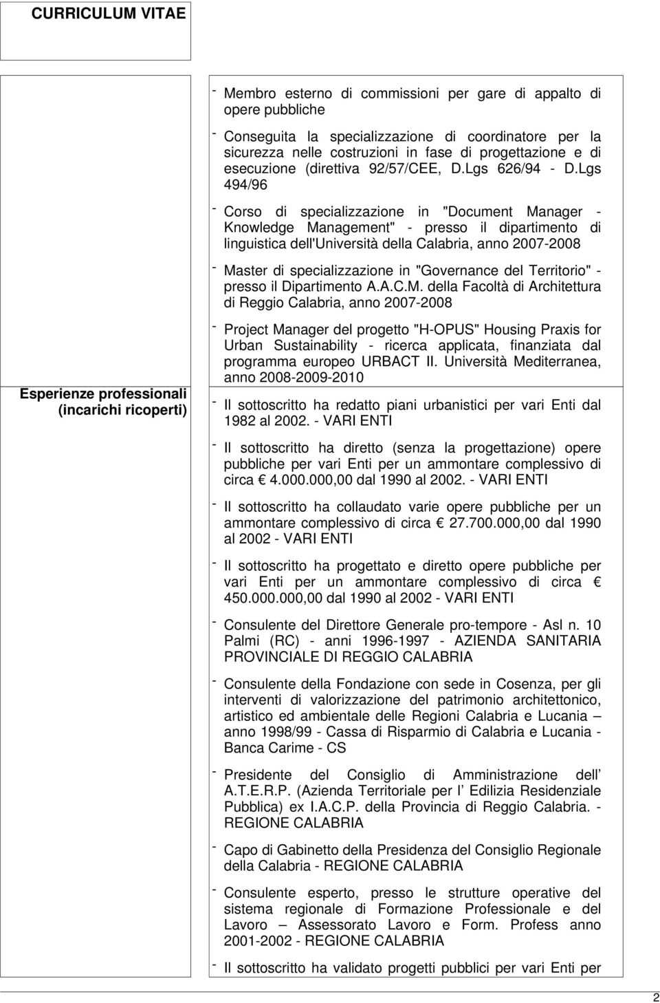 Lgs 494/96 - Corso di specializzazione in "Document Manager - Knowledge Management" - presso il dipartimento di linguistica dell'università della Calabria, anno 2007-2008 - Master di specializzazione