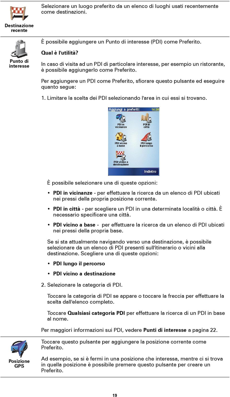 Per aggiungere un PDI come Preferito, sfiorare questo pulsante ed eseguire quanto segue: 1. Limitare la scelta dei PDI selezionando l'area in cui essi si trovano.