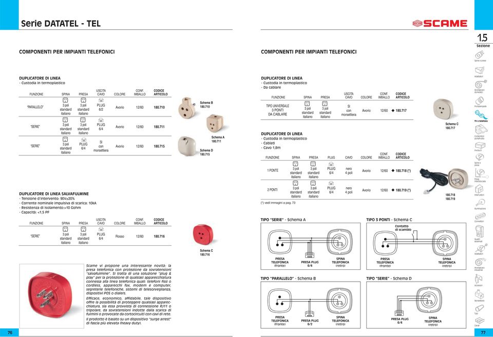 CODICE FUNZIONE SPINA PRESA CAVO COLORE IMBALLO ARTICOLO TIPO UNIVERSALE 3 PONTI DA CABLARE DUPLICATORE DI LINEA - Cablati - Cavo 1,8m SI con Avorio 12/60 180.717 morsettiera CONF.