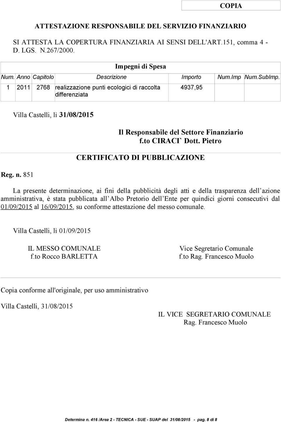 Pietro CERTIFICATO DI PUBBLICAZIONE La presente determinazione, ai fini della pubblicità degli atti e della trasparenza dell azione amministrativa, è stata pubblicata all Albo Pretorio dell Ente per