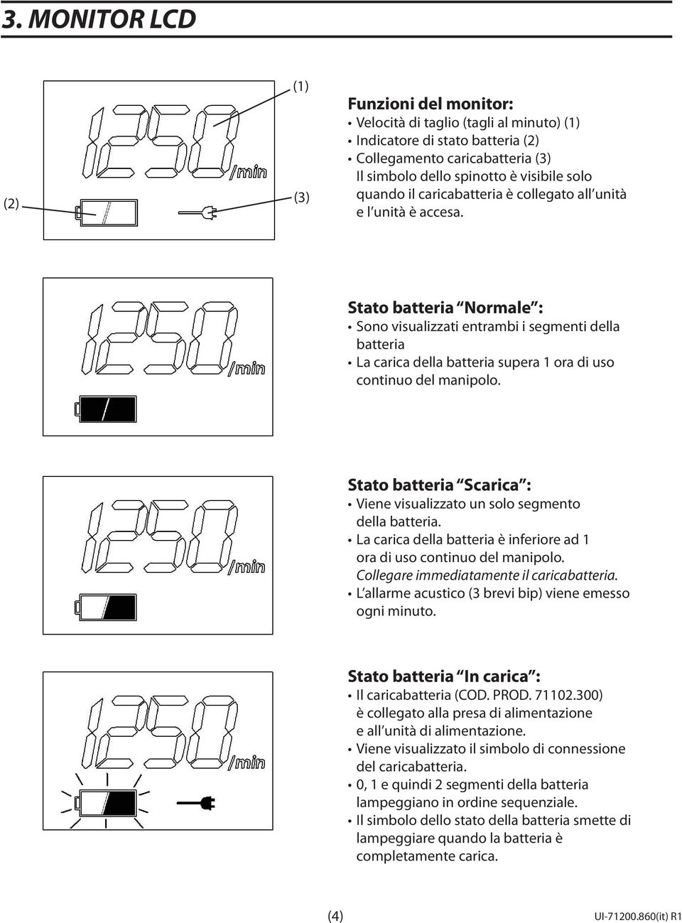 Stato batteria Normale : Sono visualizzati entrambi i segmenti della batteria La carica della batteria supera 1 ora di uso continuo del manipolo.