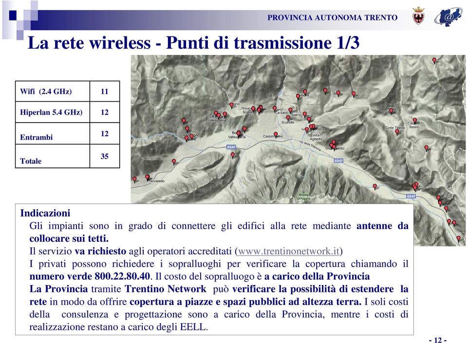 Il servizio va richiesto agli operatori accreditati (www.trentinonetwork.it) I privati possono richiedere i sopralluoghi per verificare la copertura chiamando il numero verde 800.22.80.40.