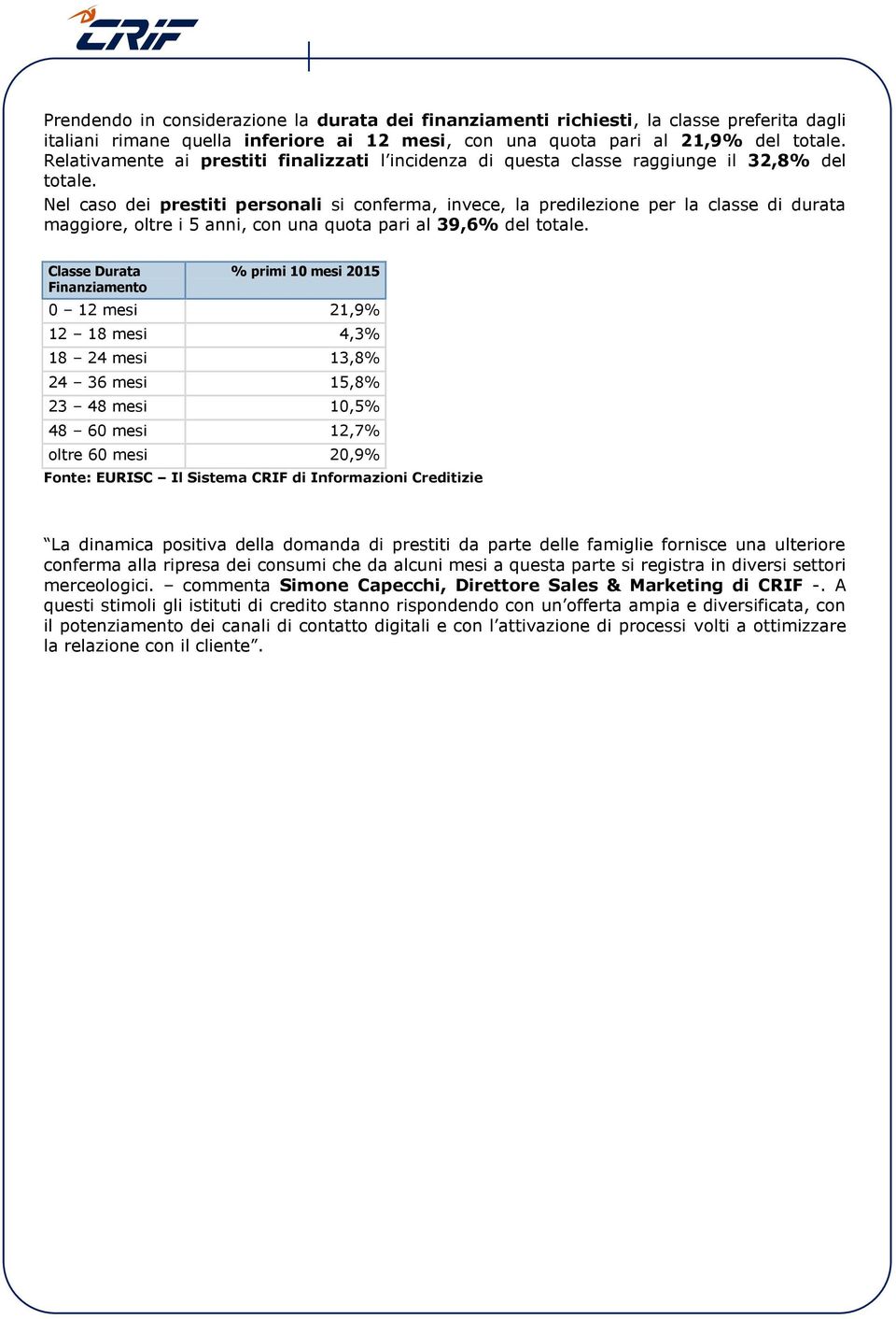 Nel caso dei prestiti personali si conferma, invece, la predilezione per la classe di durata maggiore, oltre i 5 anni, con una quota pari al 39,6% del totale.