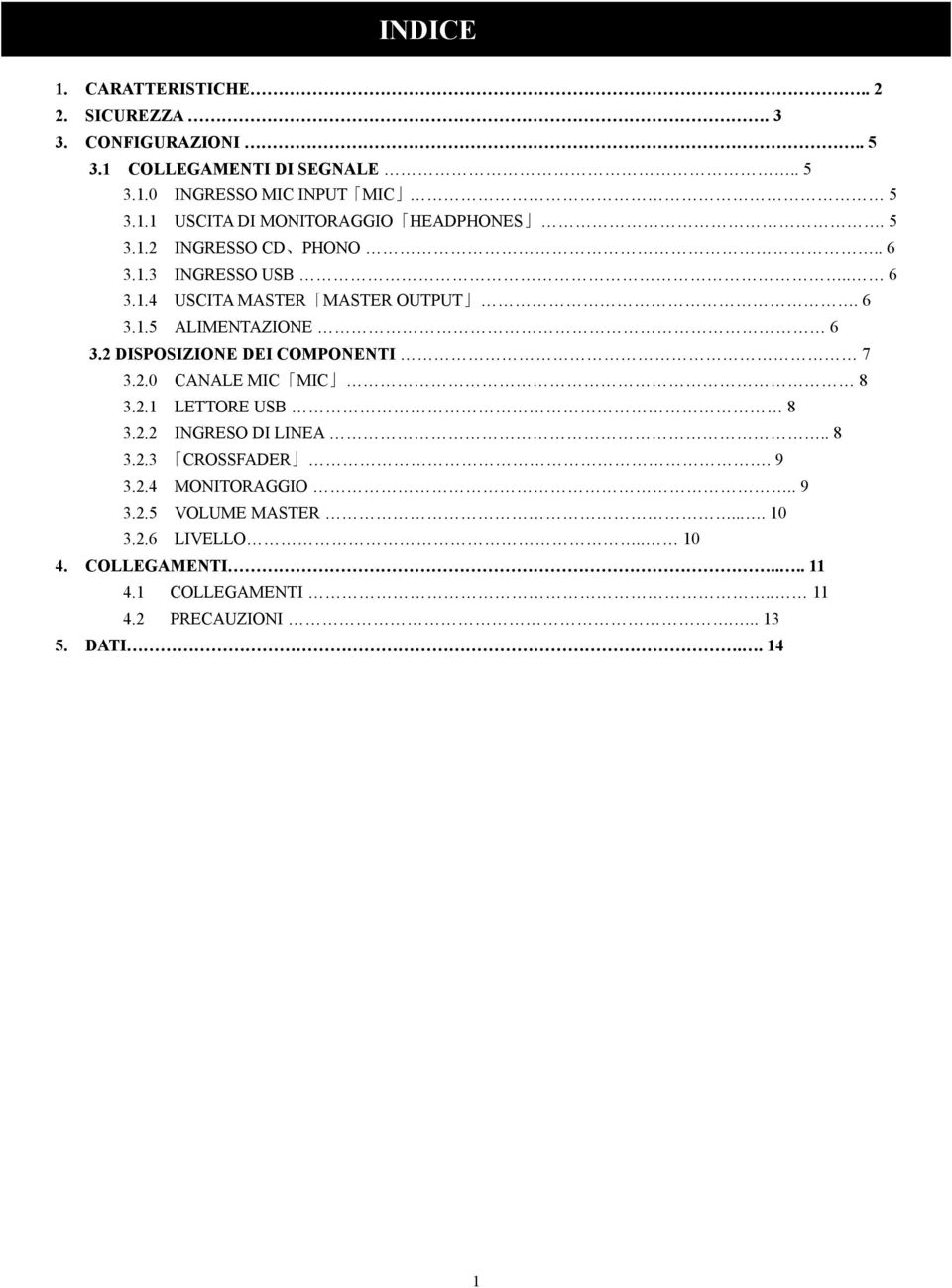 2 DISPOSIZIONE DEI COMPONENTI 7 3.2.0 CANALE MIC MIC 8 3.2.1 LETTORE USB 8 3.2.2 INGRESO DI LINEA.. 8 3.2.3 CROSSFADER. 9 3.2.4 MONITORAGGIO.