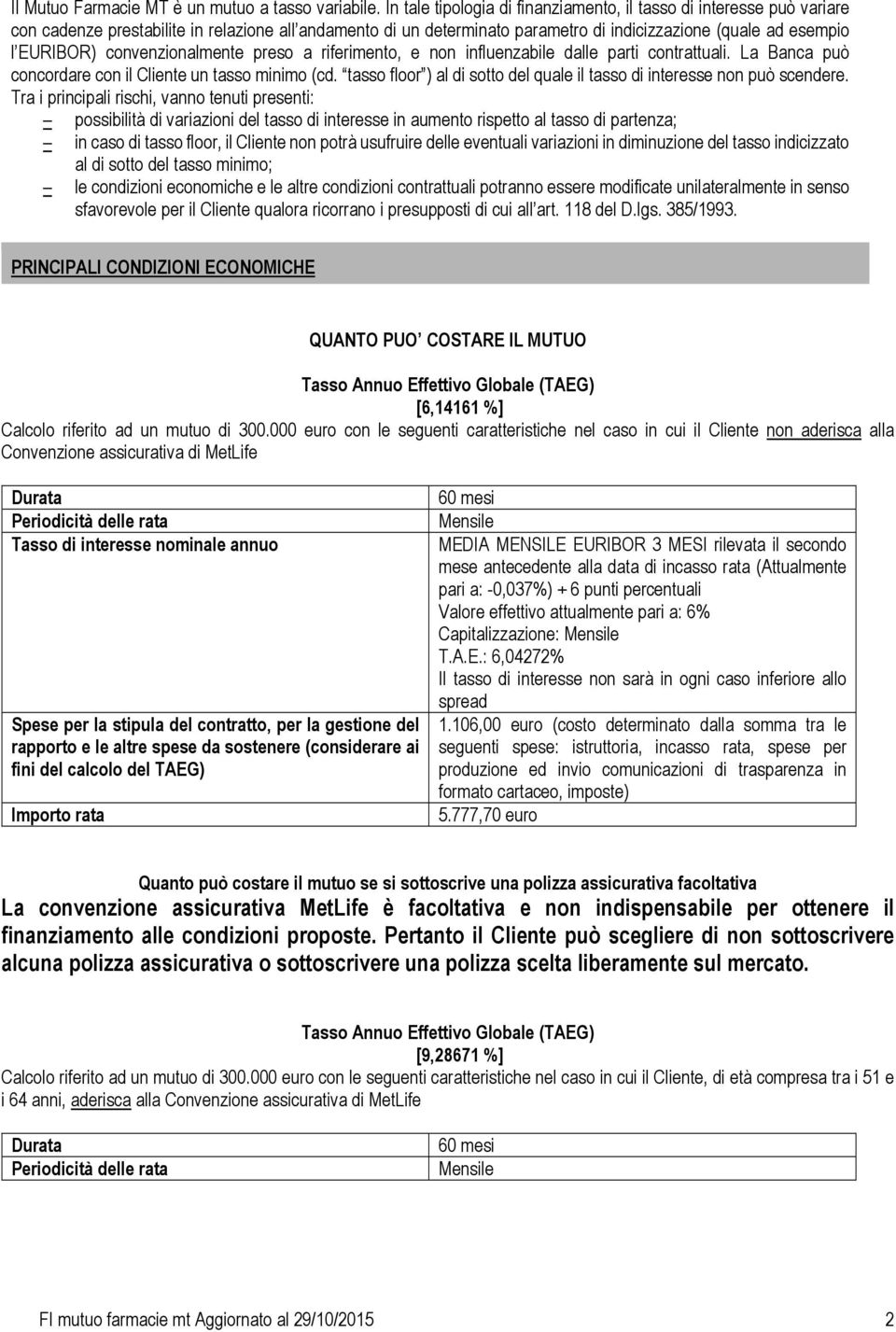 convenzionalmente preso a riferimento, e non influenzabile dalle parti contrattuali. La Banca può concordare con il Cliente un tasso minimo (cd.