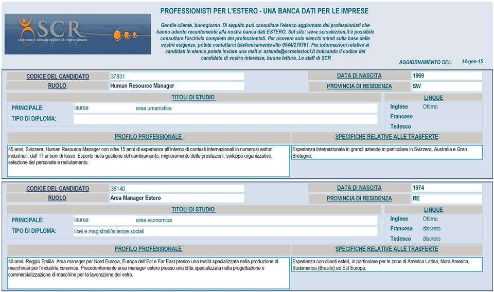 it è possibile consultare l'archivio completo dei professionisti. Per ricevere solo elenchi mirati sulla base delle vostre esigenze, potete contattarci telefonicamente allo 0544/270701.