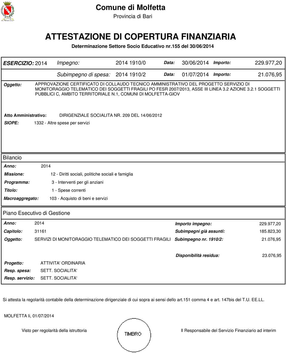 076,95 Oggetto: APPROVAZIONE CERTIFICATO DI COLLAUDO TECNICO AMMINISTRATIVO DEL PROGETTO SERVIZIO DI MONITORAGGIO TELEMATICO DEI SOGGETTI FRAGILI PO FESR 20