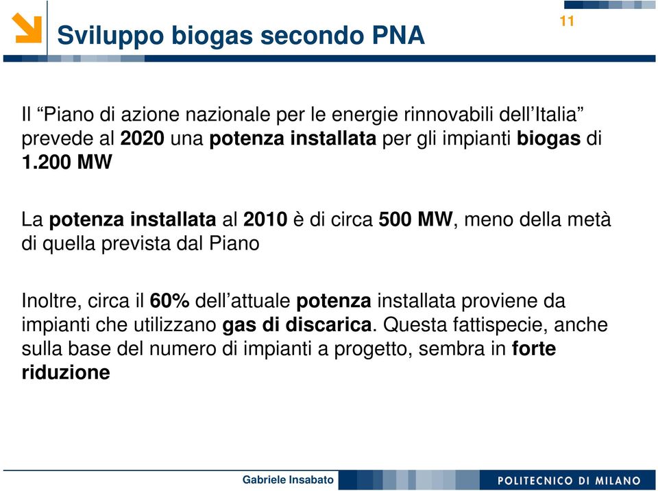 200 MW La potenza installata al 2010 èdi circa 500 MW, meno della metà di quella prevista dal Piano Inoltre, circa il