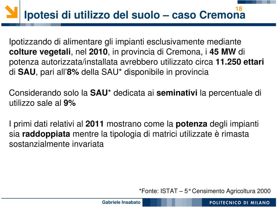 250 ettari di SAU, pari all 8% della SAU* disponibile in provincia Considerando solo la SAU* dedicata ai seminativi la percentuale di utilizzo sale