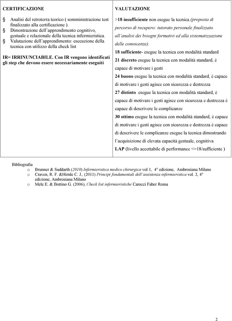 Con vengono identificati gli step che devono essere necessariamente eseguiti VALUTAZIONE >18 insufficiente non esegue la tecnica.