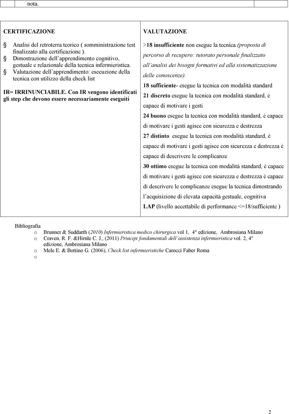 Con vengono identificati gli step che devono essere necessariamente eseguiti VALUTAZIONE >18 insufficiente non esegue la tecnica.