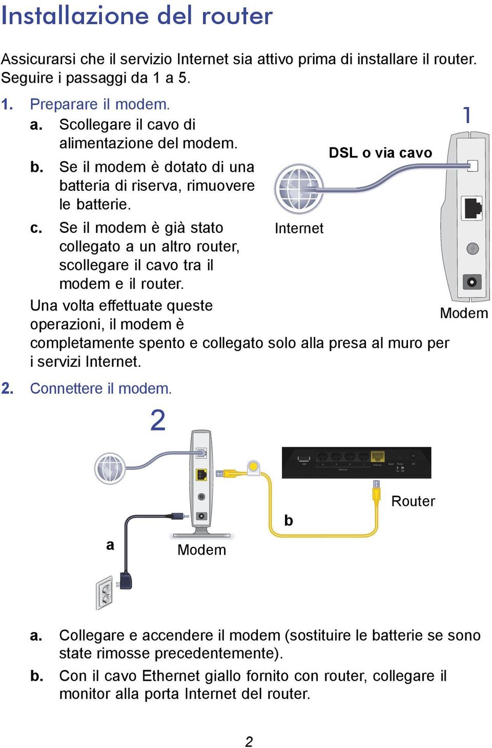 Internet Una volta effettuate queste operazioni, il modem è Modem completamente spento e collegato solo alla presa al muro per i servizi Internet. 2. Connettere il modem. 2 a Modem b Router a.