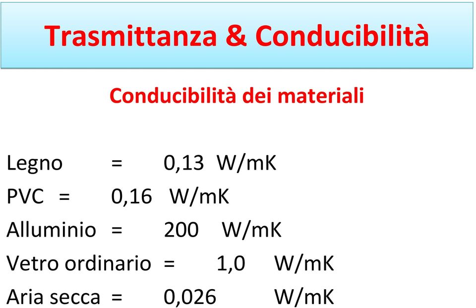 W/mK PVC = 0,16 W/mK Alluminio = 200