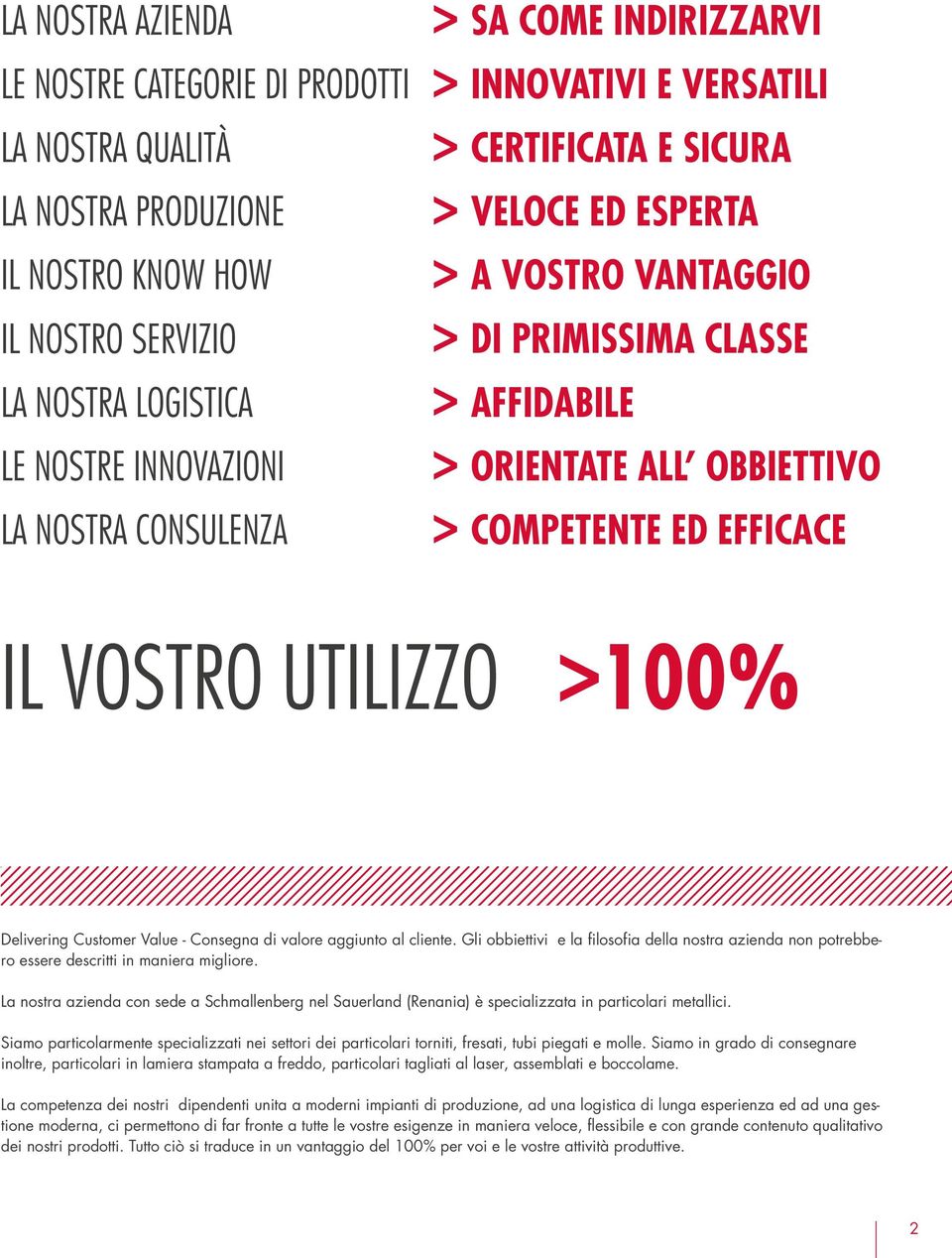 VOSTRO UTILIZZO >100% Delivering Customer Value - Consegna di valore aggiunto al cliente. Gli obbiettivi e la filosofia della nostra azienda non potrebbero essere descritti in maniera migliore.