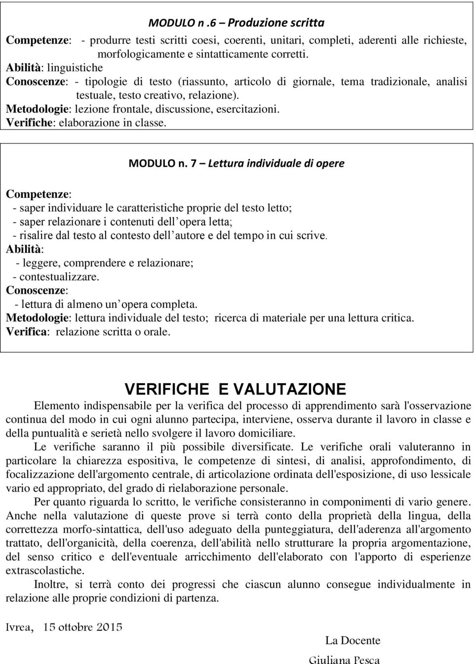 Verifiche: elaborazione in classe. MODULO n.