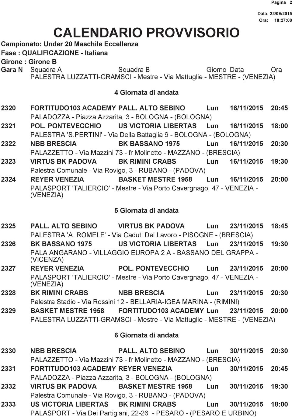 MESTRE 1958 Lun 16/11/2015 20:00 5 Giornata di andata 2325 PALL.