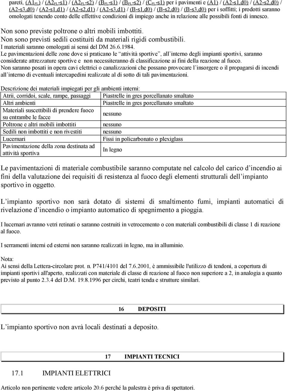 Non sono previste poltrone o altri mobili imbottiti. Non sono previsti sedili costituiti da materiali rigidi combustibili. I materiali saranno omologati ai sensi del DM 26.6.1984.