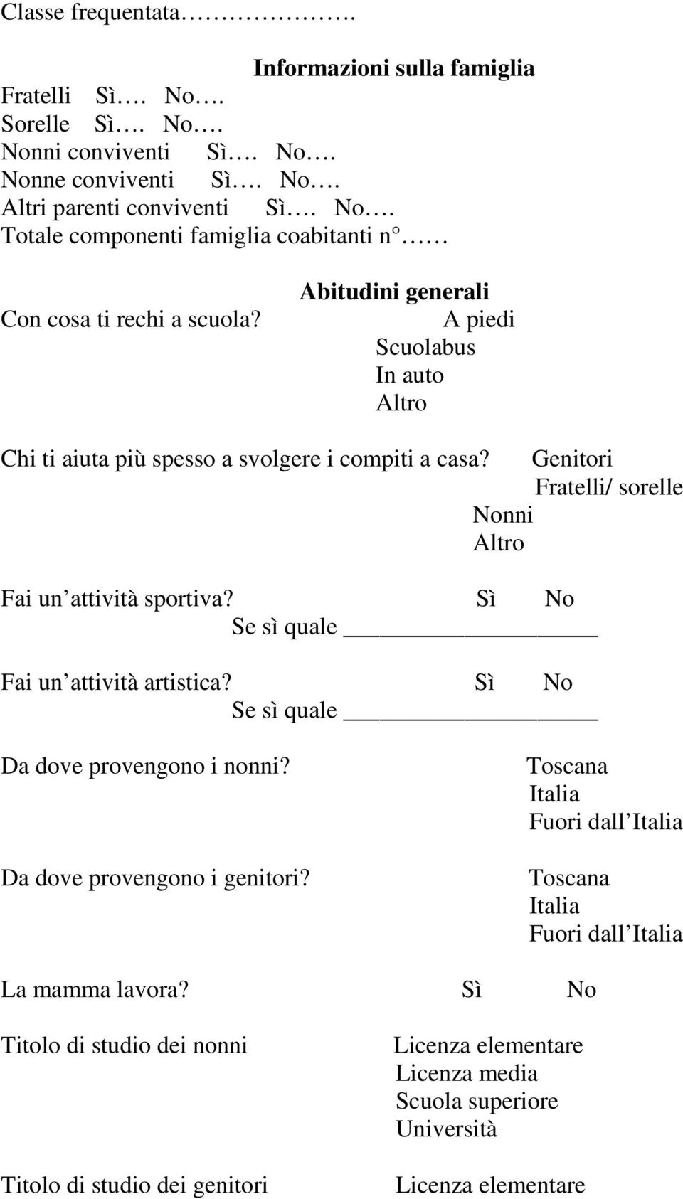 Sì No Se sì quale Fai un attività artistica? Sì No Se sì quale Da dove provengono i nonni? Da dove provengono i genitori?