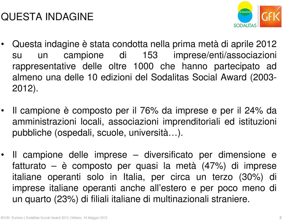 Il campione è composto per il 76% da imprese e per il 24% da amministrazioni locali, associazioni imprenditoriali ed istituzioni pubbliche (ospedali, scuole, università ).